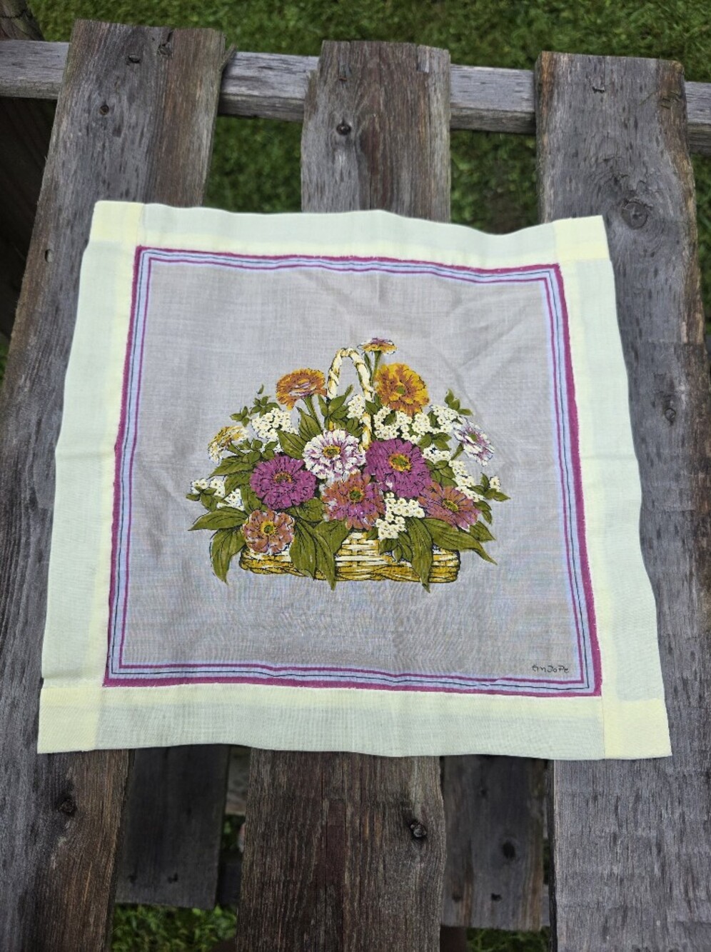 EM JO PE Pale Signed Hankie Flowers handkerchief 11 inches x 11 inches
